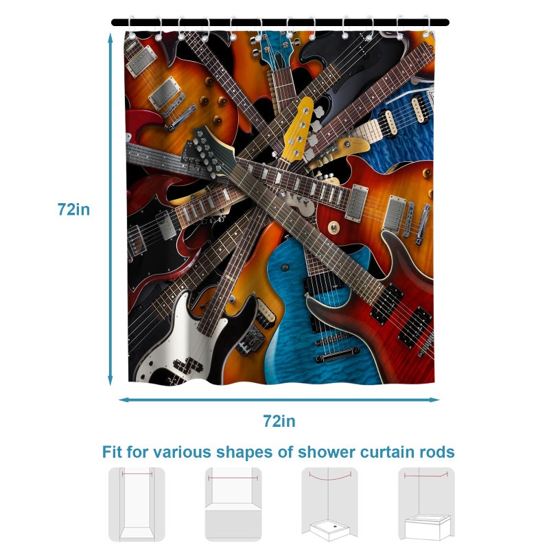 Final Friday Music Shower Curtain Instruments Kinds of Guitar Musical Theme Fabric Bathroom Decor Sets with Grommets and Hooks 72 x 72 Inch Brown,White, Blue - Image 5